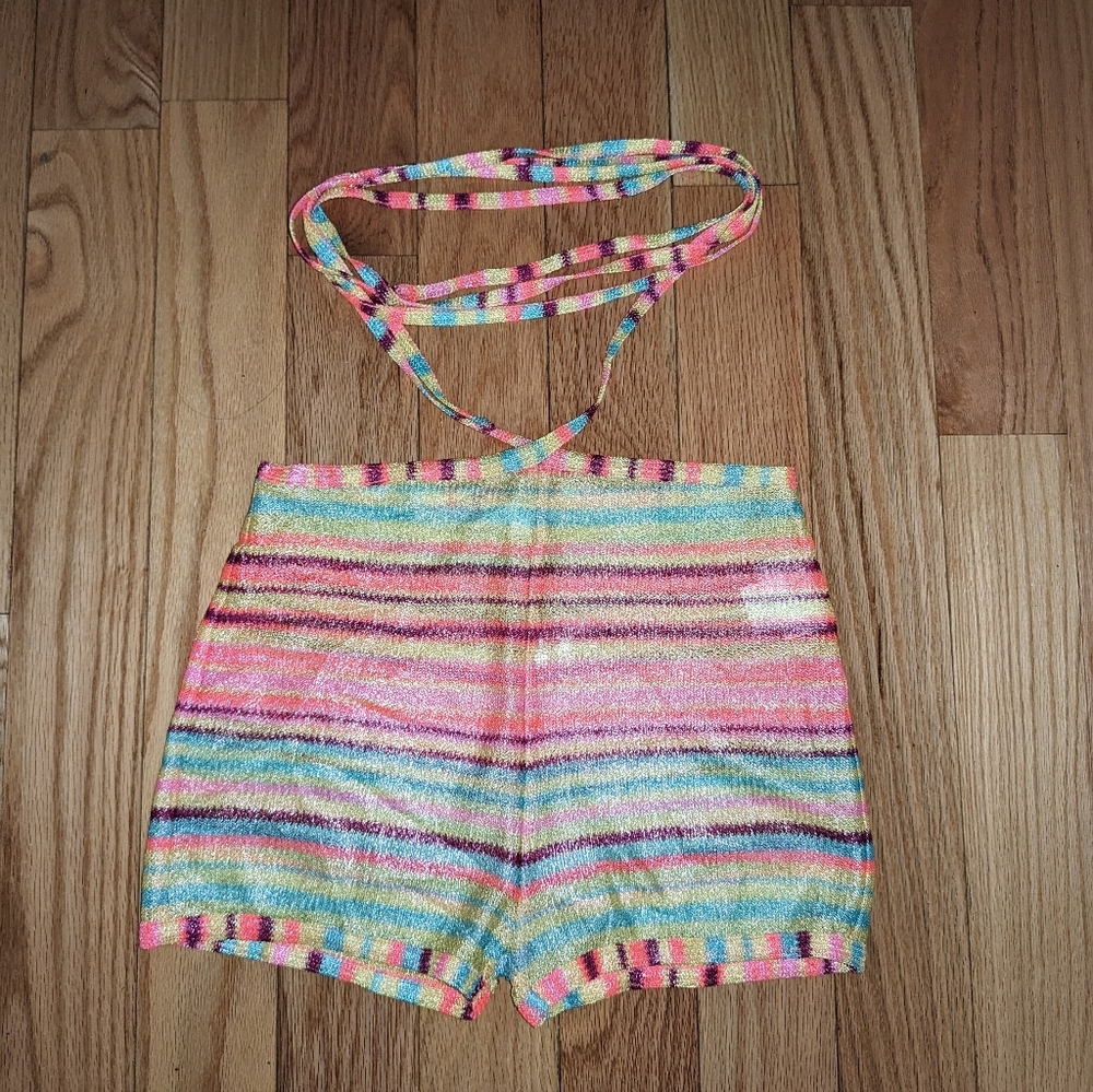 14. NWOT FOR LOVE & LEMONS LAMERE STRIPED METALLIC TIE WRAP KNIT SHORT - Picture 2 of 6